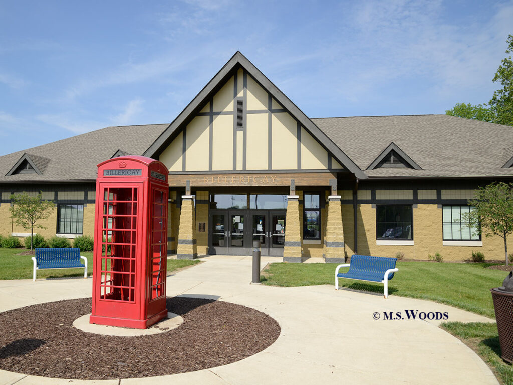 English phone booth in front of Billericay Park building in Fishers, Indiana