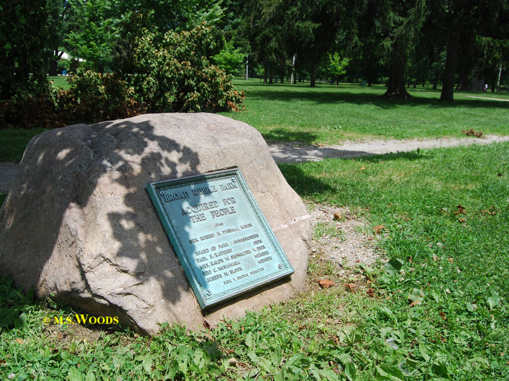 Plaque on stone at the Broad Ripple Park in Indianapolis, Indiana