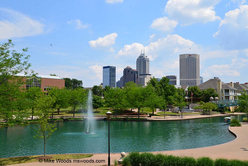 View of downtown Indianapolis from the Canal Walk at White River State Park in Indianapolis, Indiana