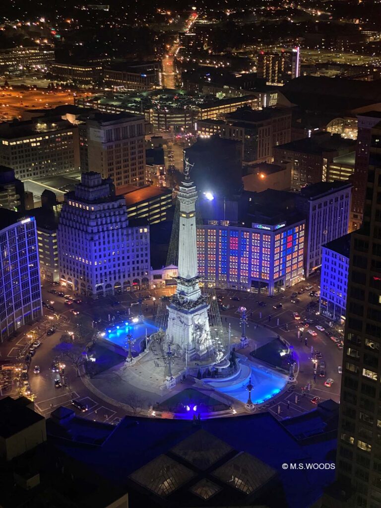 View of Monument Circle and the Soldiers & Sailors Monument at night from the Skyline Club in downtown Indianapolis. Indiana