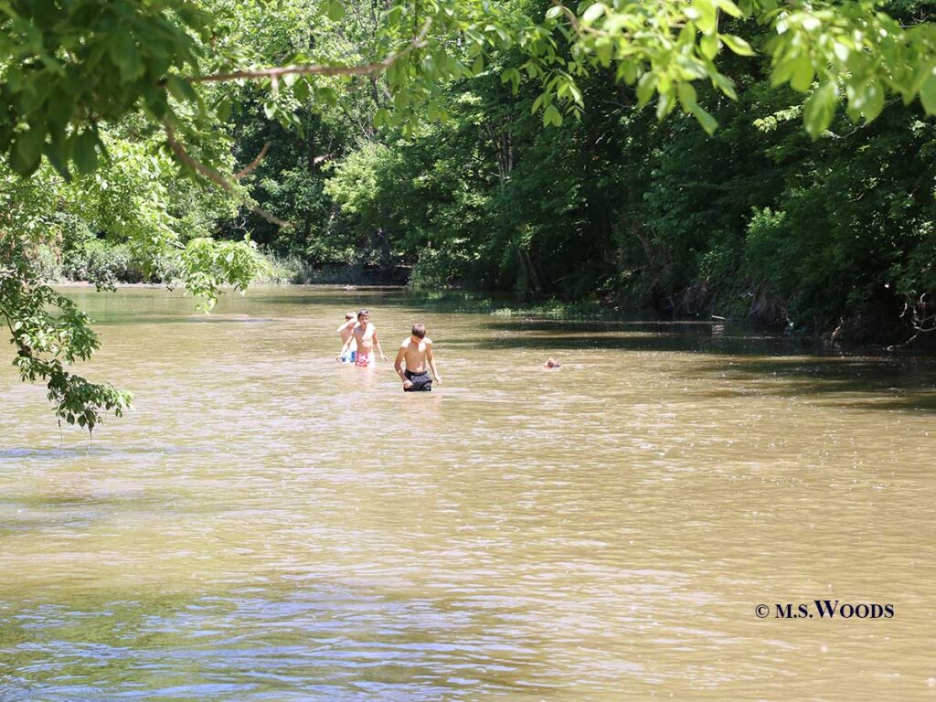 People wading in Eagle Creek at the Elm Street Green in Indianapolis, Indiana