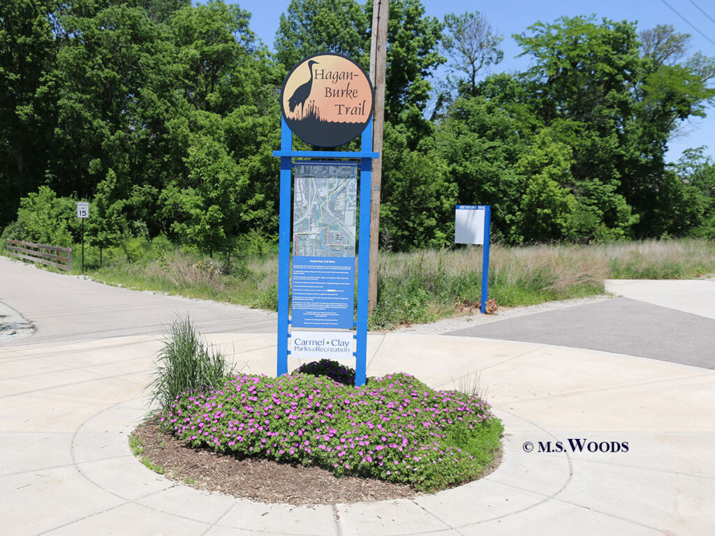 Directional sign at Hagan Burke Trail in Carmel, Indiana
