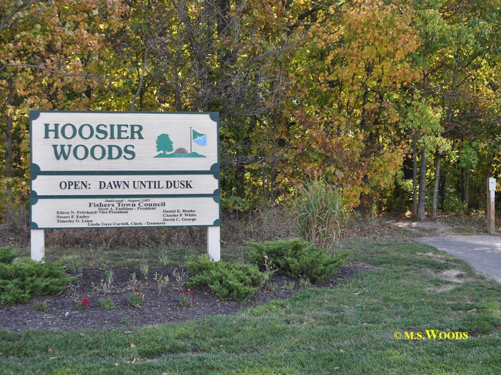 Sign at the entrance to Hoosier Woods Park in Fishers, Indiana