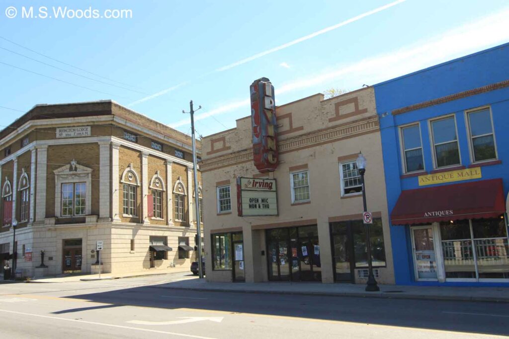 Street view of the building and marquee at the Irving Theater in Indianapolis, Indiana
