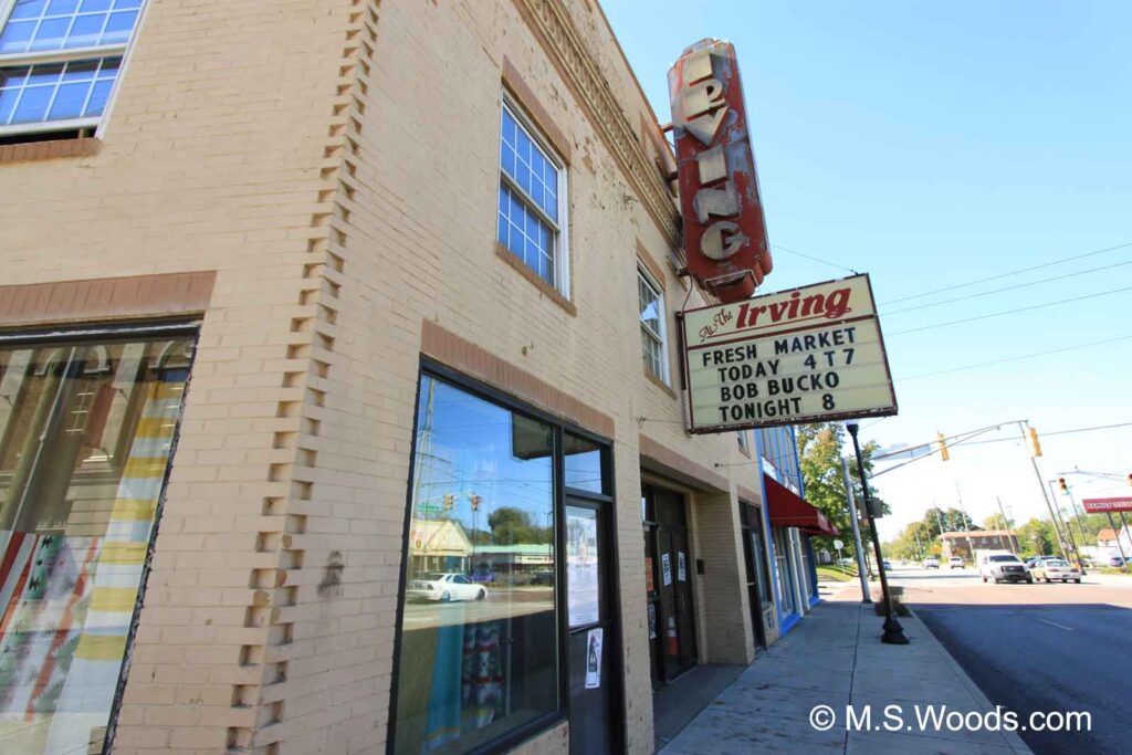 Street view of the marquee at the Irving Theater in Indianapolis, Indiana