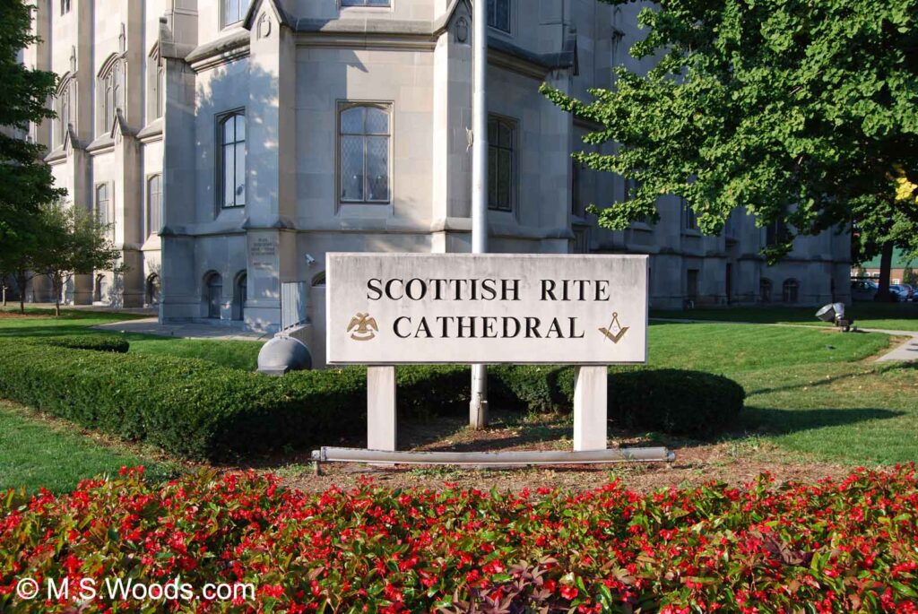 Sign for the Scottish Rite Cathedral in downtown Indianapolis, Indiana