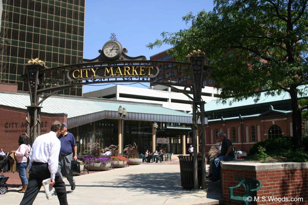 Sign at the entry welcoming people to the City Market in downtown Indianapolis, Indiana