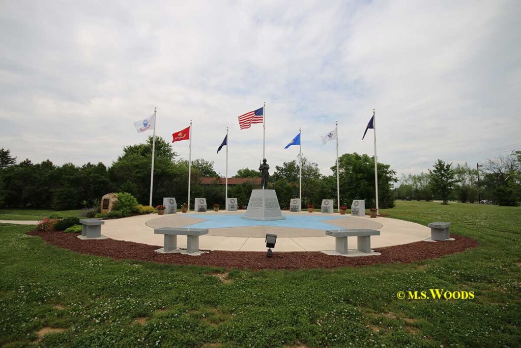 Flags and benches at the War Memorial Park in Avon, Indiana