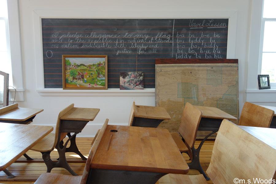 Classroom with old student seats and chalkboard in Mooresville, Indiana