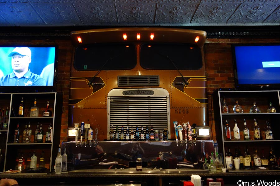MAC truck driving through the bar area at Diesels Sports Grill in Danville, Indiana