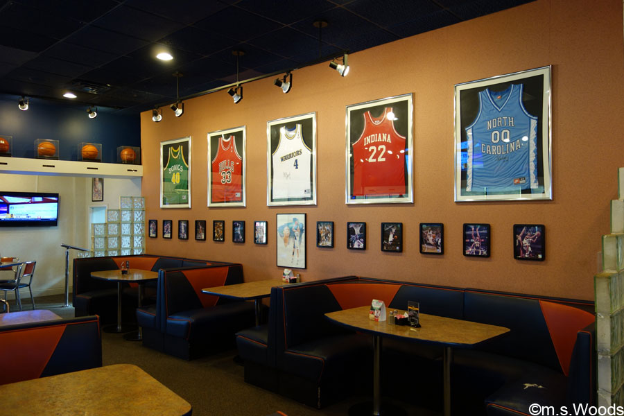 Basketball jerseys at Mozzi's Pizza business in Greenfield, Indiana