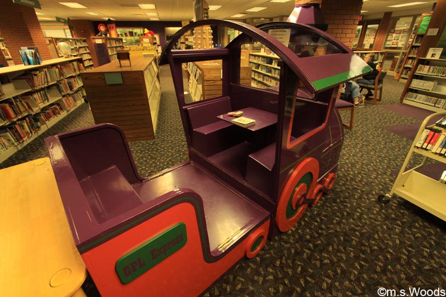 Study train at in the preschool section of the Greenwood Library in Greenwood, Indiana