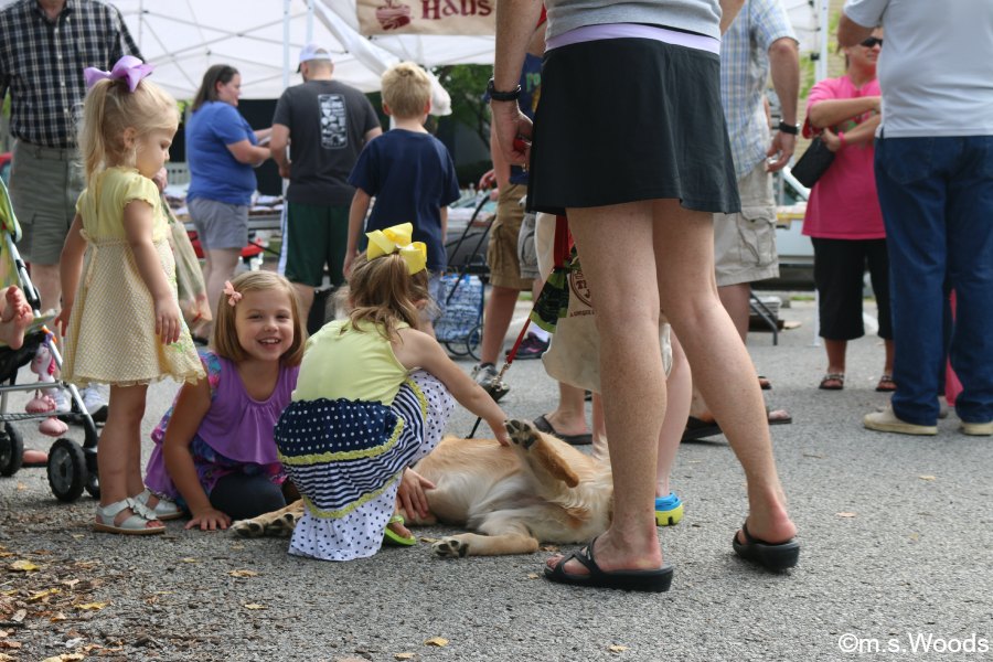 Children playing with a dog at the Farmer's Market in Zionsville, Indiana
