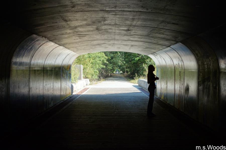 Woman looking at the art inside of the B & O Rail Trail tunnel in Brownsburg, Indiana