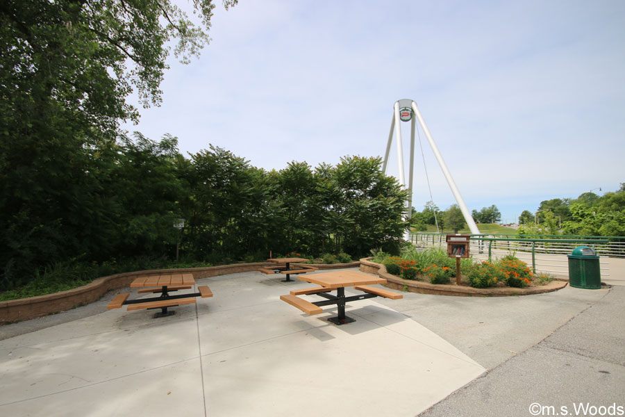 Picnic area by the Pedestrian Bridge over White Lick Creek in Plainfield, Indiana