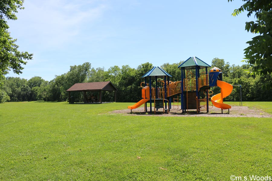 Swing set and picnic shelter in Rooker Run Park Mooresville, Indiana